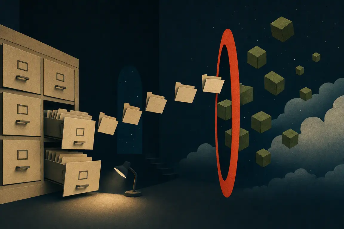 A surreal filing cabinet opening into a night sky of floating green object-storage cubes